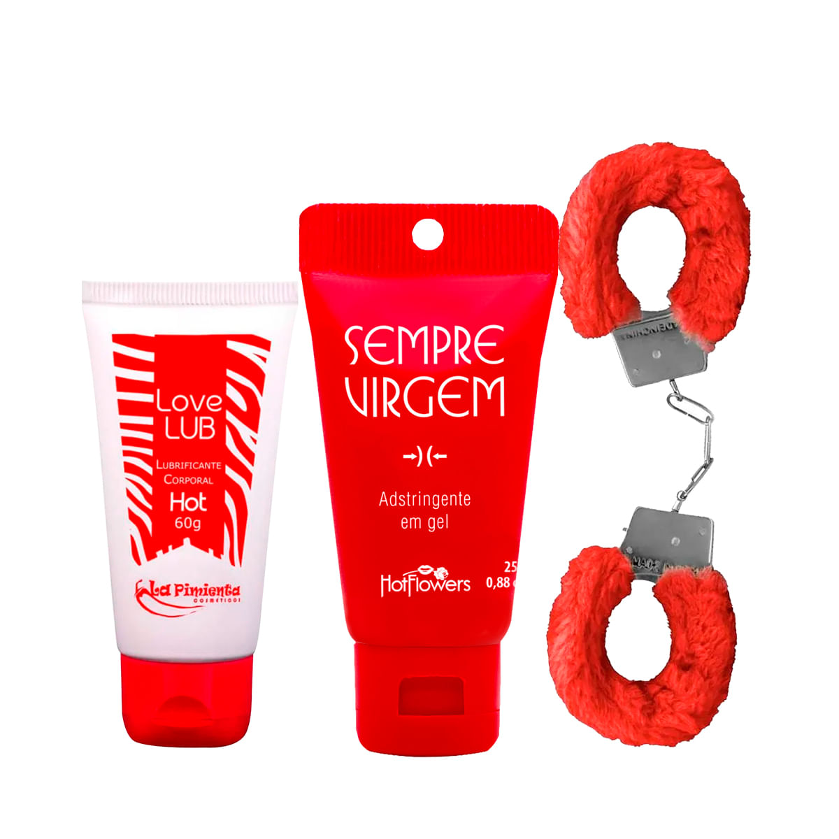 Kit com Love Lub Hot Lubrificante MyCuff Algema de Metal Pelúcia e Sempre Virgem Adstringente