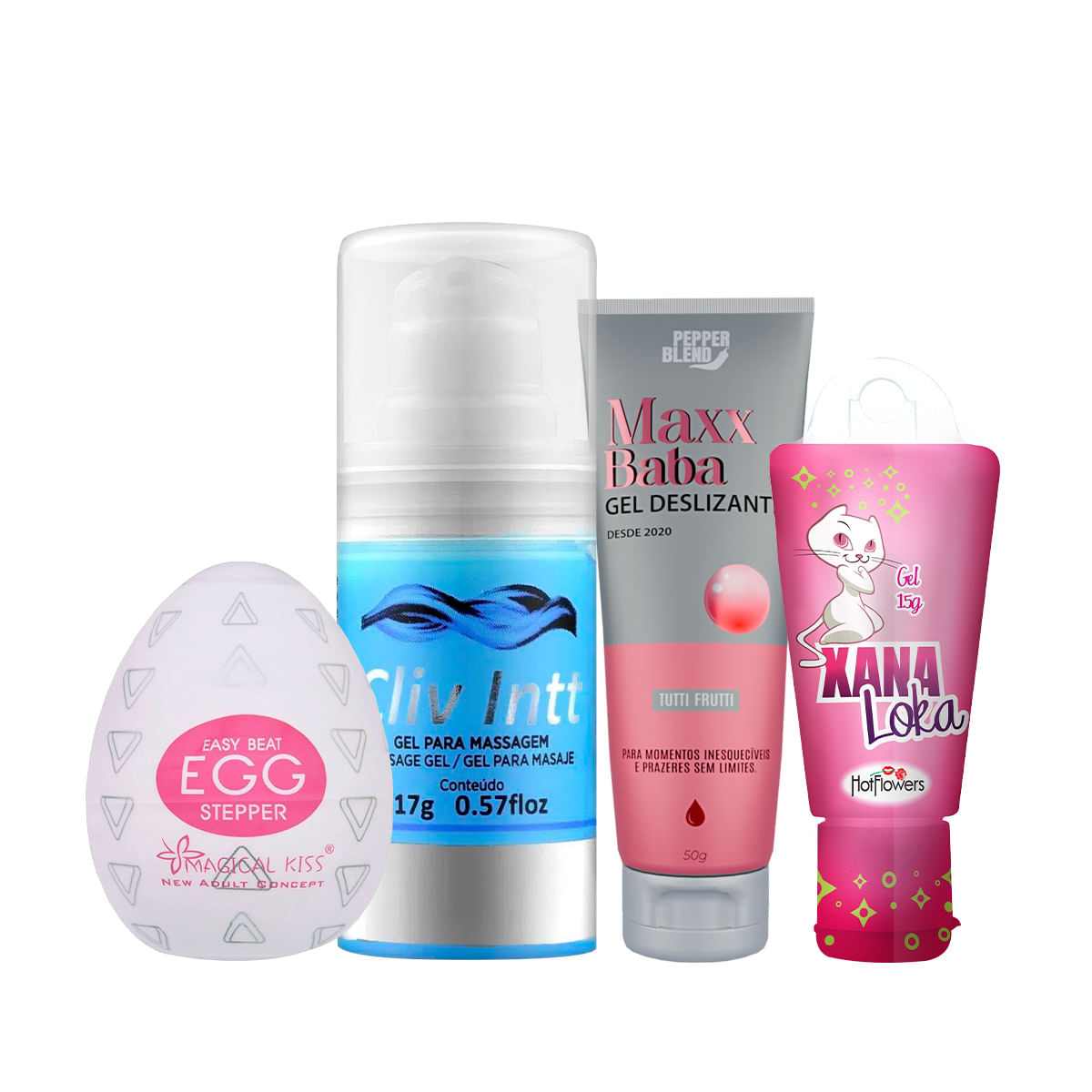 Kit com Cliv Intt Dessensibilizante Anal Masturbador Egg Stepper Maxx Baba e Xana Loka Gel Excitante