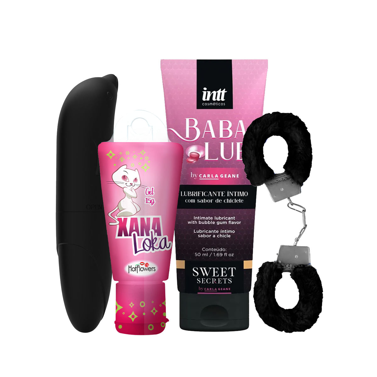 Kit com Babalub Lubrificante Beijável Algema MyCuff Gel Excitante Xana Loka e Vibrador Ponto G