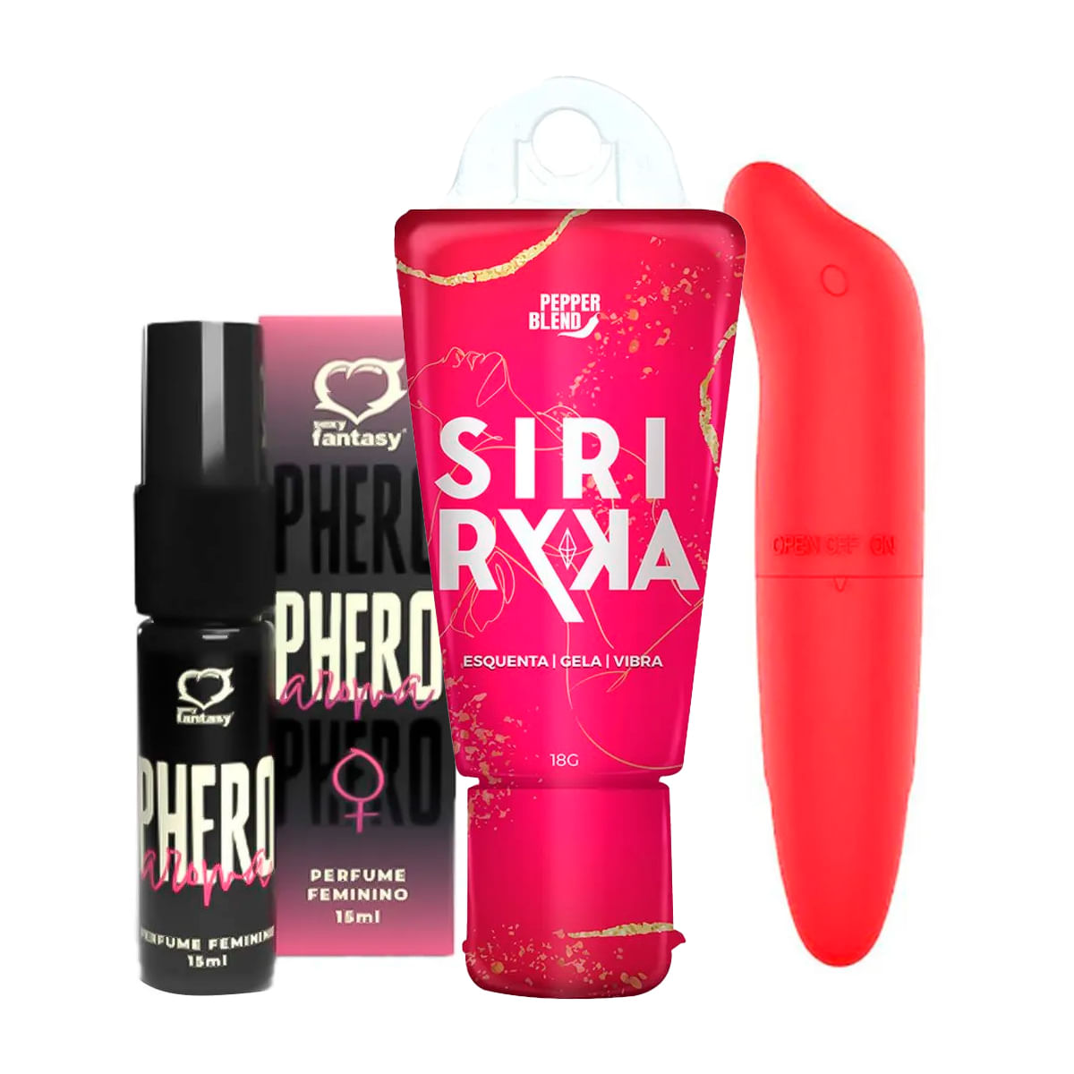 Kit com Siri Ryka Gel Comestível Perfume Phero Aroma Feminino e Mini Vibrador Ponto G
