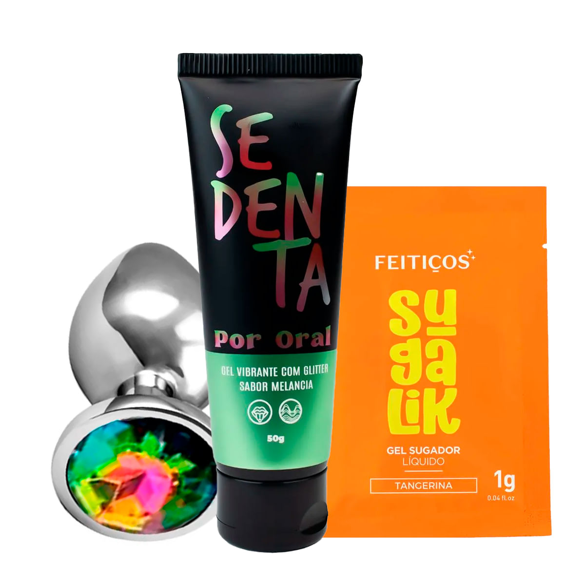 Kit com Sedenta Por Oral Plug Anal Tamanho M e Sachê Sugalik Sugador Líquido Comestível