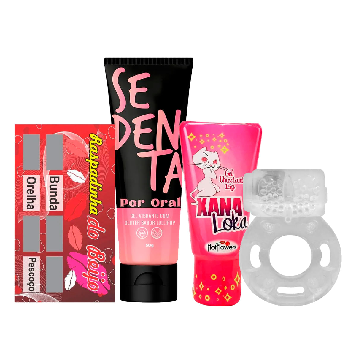 Kit com Sedenta Por Oral Xana Loka Anel Peniano e Raspadinha do Beijo