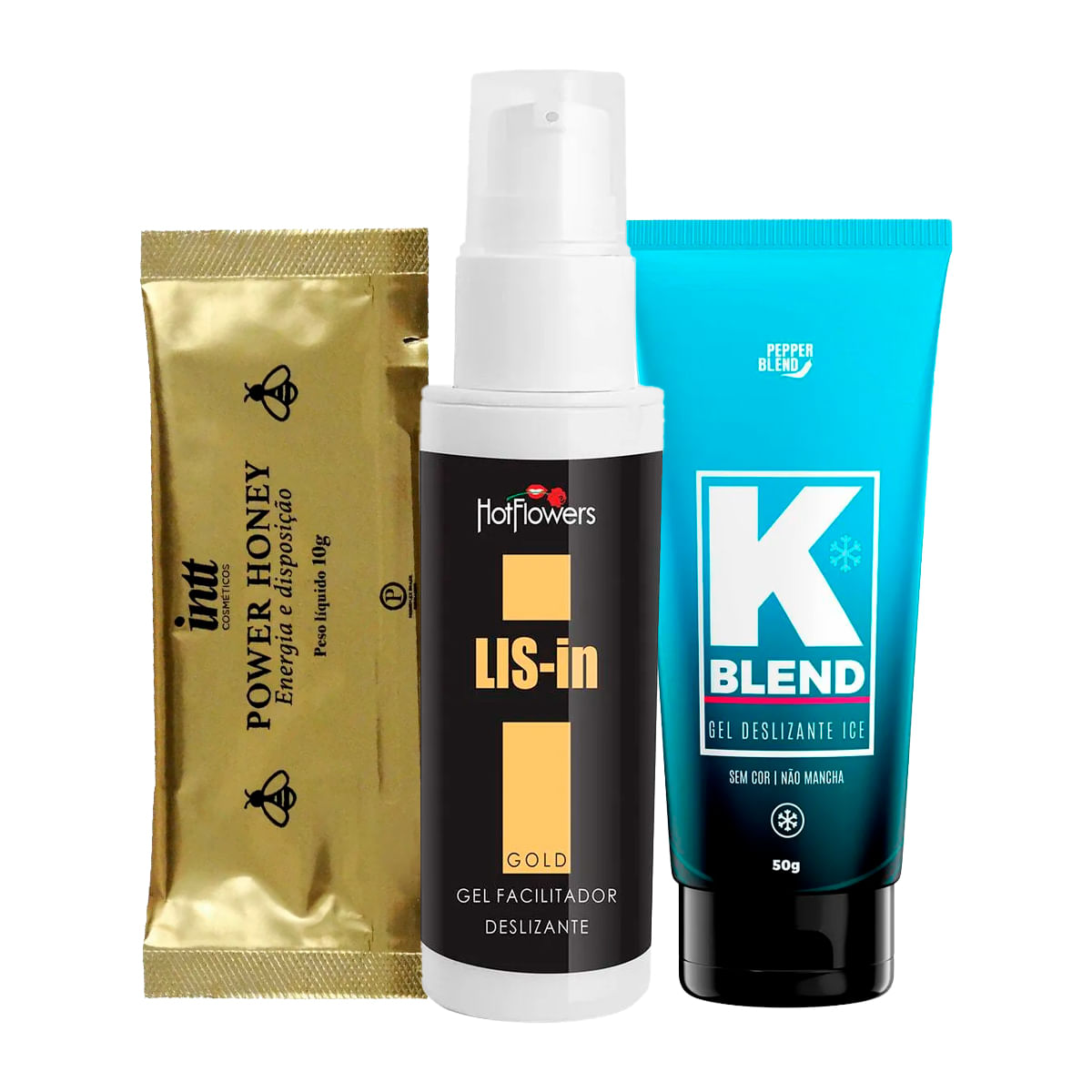 Kit com Power Honey Suplemento LIS-In Gel Dessensibilizante e K Blend Ice Deslizante