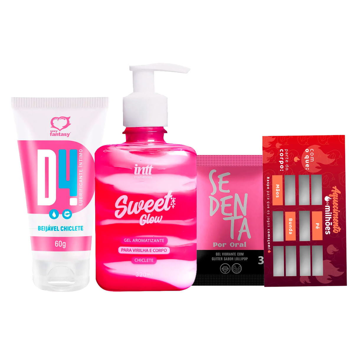 Kit com Sweet Glow D4 Lubrificante Sachê Sedenta Por Oral e Raspadinha das Preliminares