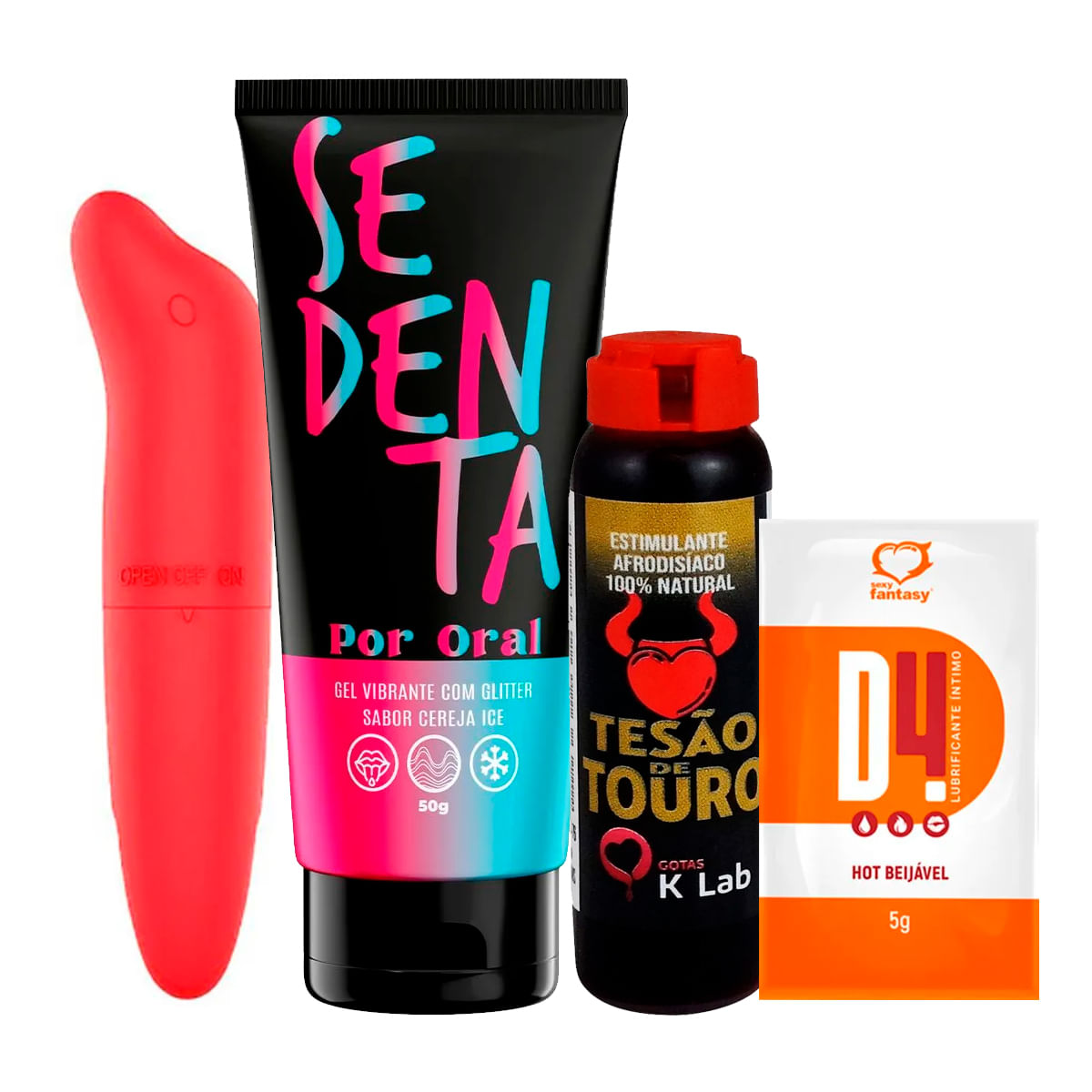 Kit com Sedenta Por Oral Mini Vibrador Ponto G Tesão de Touro e D4 Lubrificante