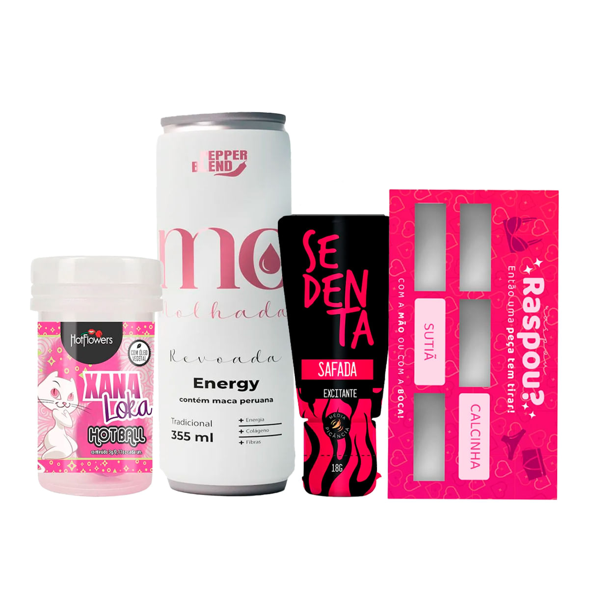 Kit com Energético Revoada Hot Ball Xana Loka Sedenta Safada e Raspadinha Tire uma Peça de Roupa