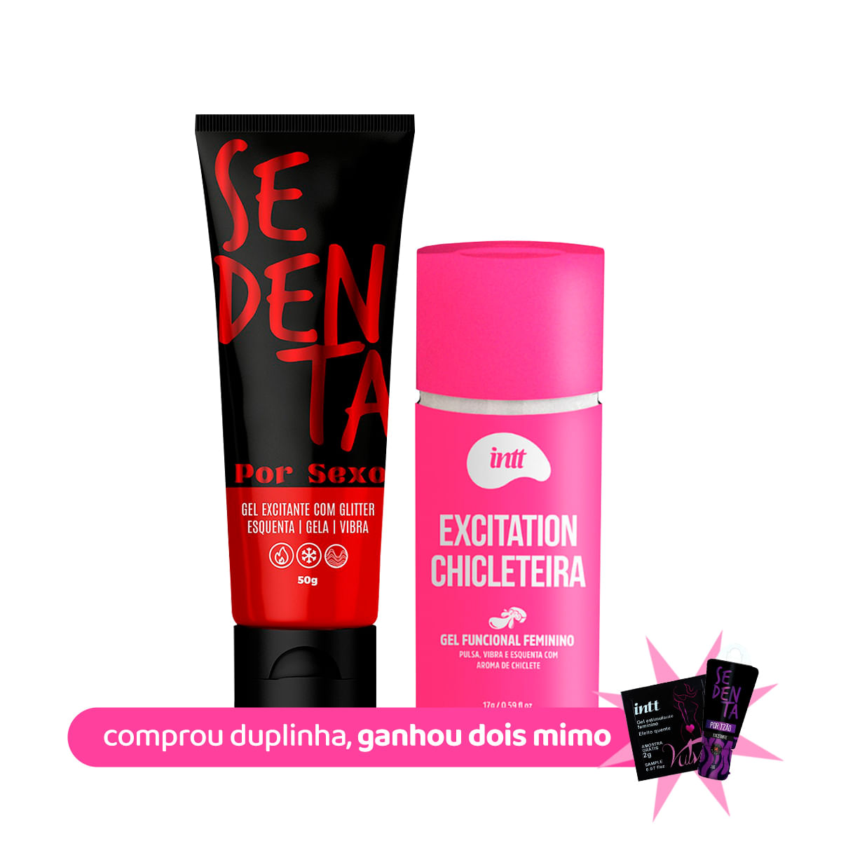Duplinha com Sedenta Por Sexo Gel Comestível com Glitter e Excitation Chicleteira Excitante Feminino