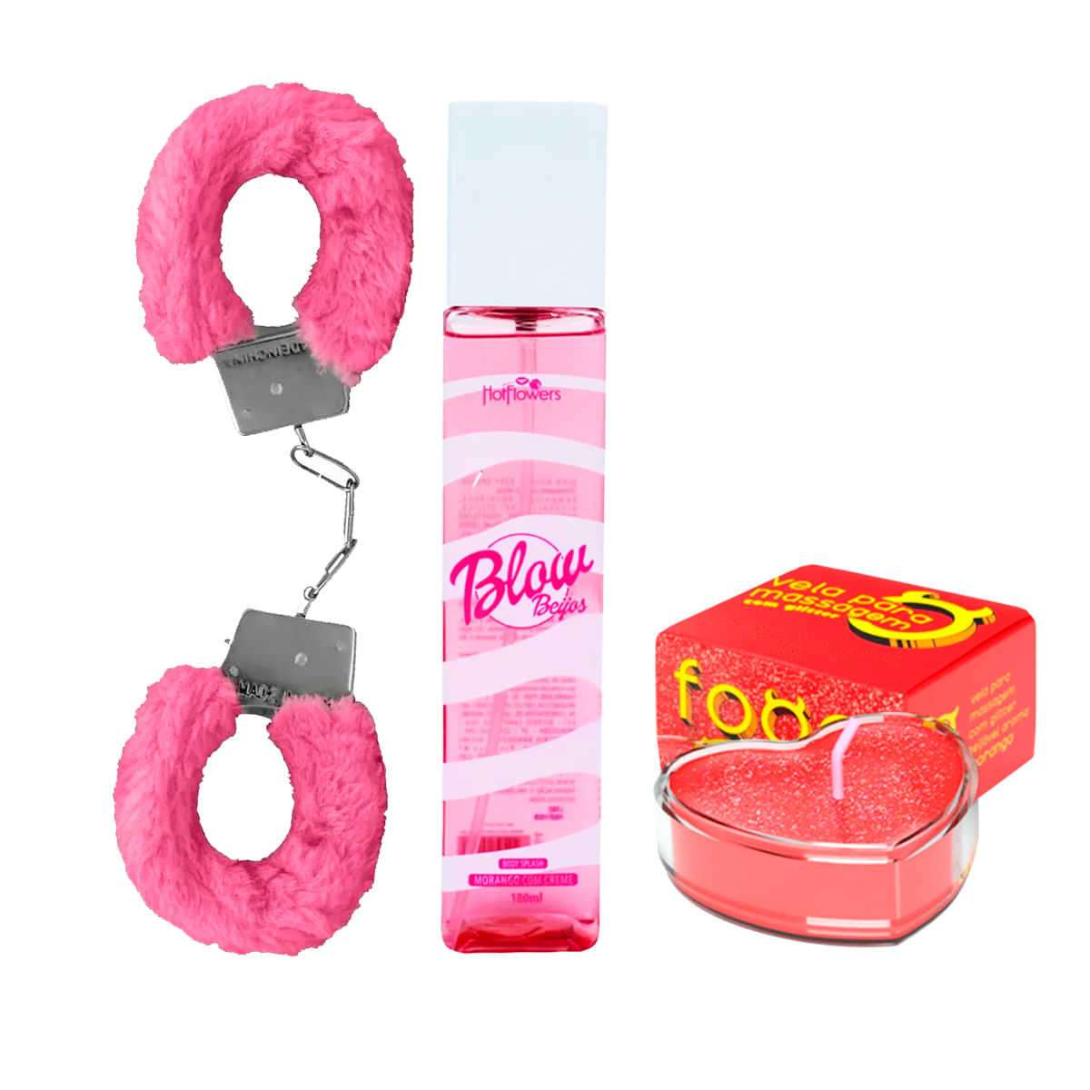 Kit com Blow Girl Beijos Body Splash Fogo da Paixão Vela Beijável e MyCuff Algema