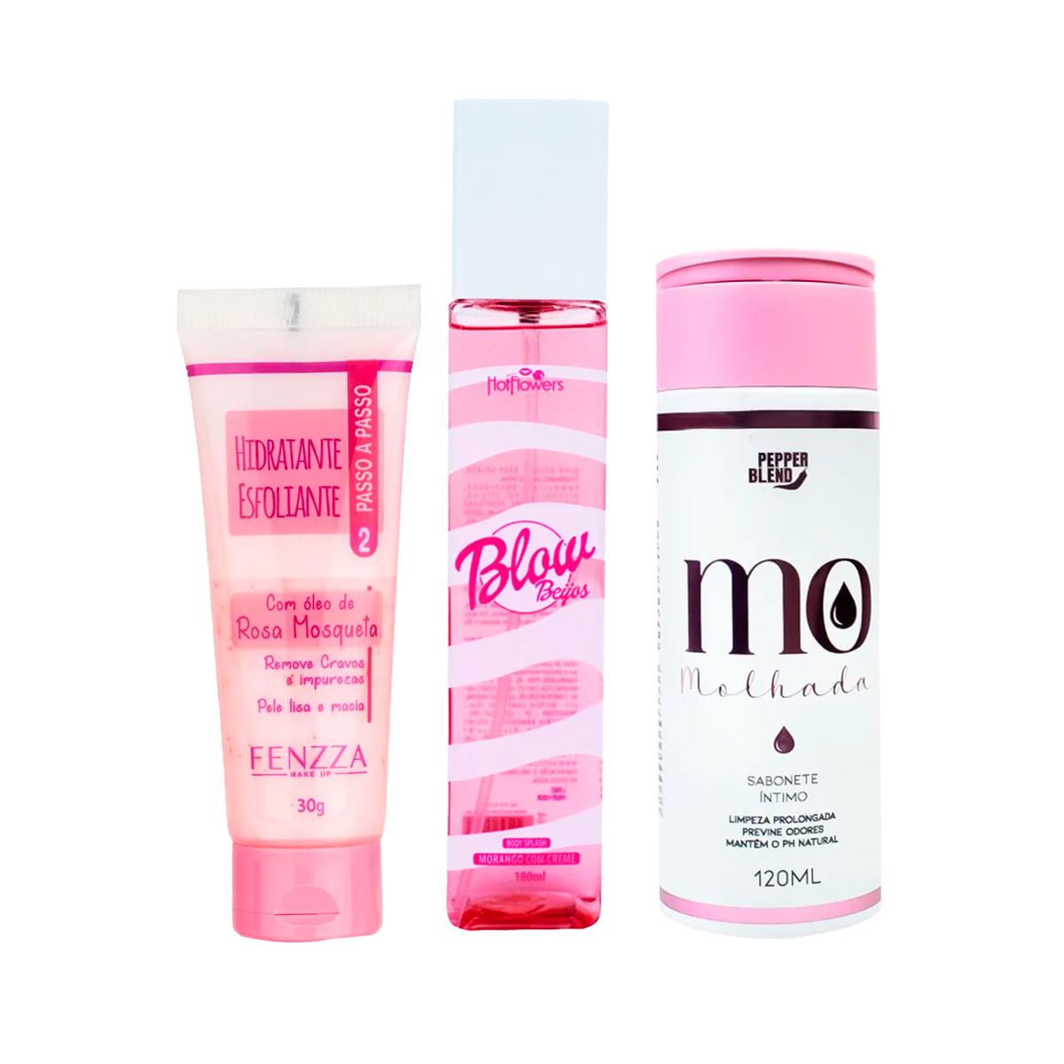 Kit com Blow Girl Beijos Body Splash Sabonete Íntimo MO Molhada e Hidratante Esfoliante Rosa Mosquet