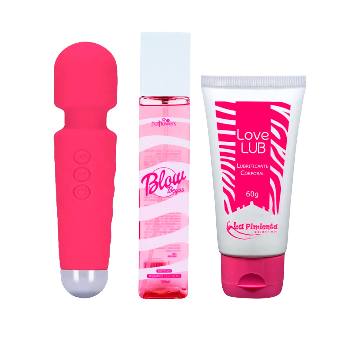 Kit com Blow Girl Beijos Body Splash Love Lub Lubrificante Corporal Neutro e Varinha Mágica