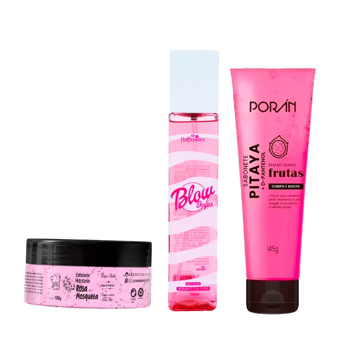 Kit com Blow Girl Beijos Perfume Sabonete Corpo e Rosto Hidratante Esfoliante Rosa Mosqueta