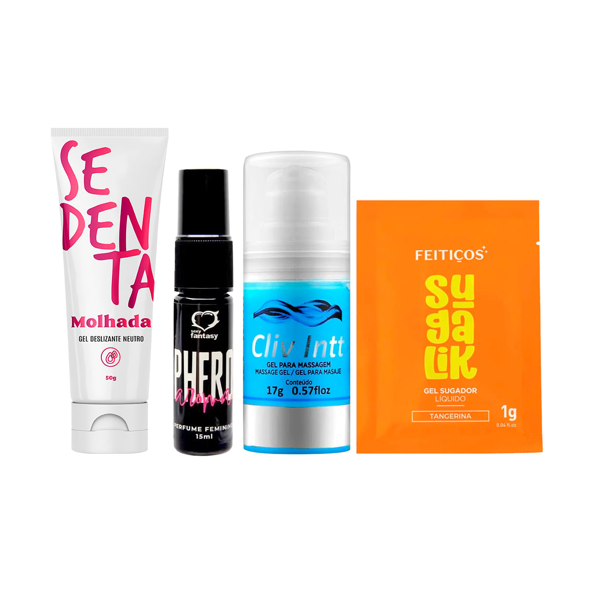 Kit com Sedenta Molhada Perfume Phero Aroma Feminino Cliv Intt e Sachê Sugalik Sugador Líquido