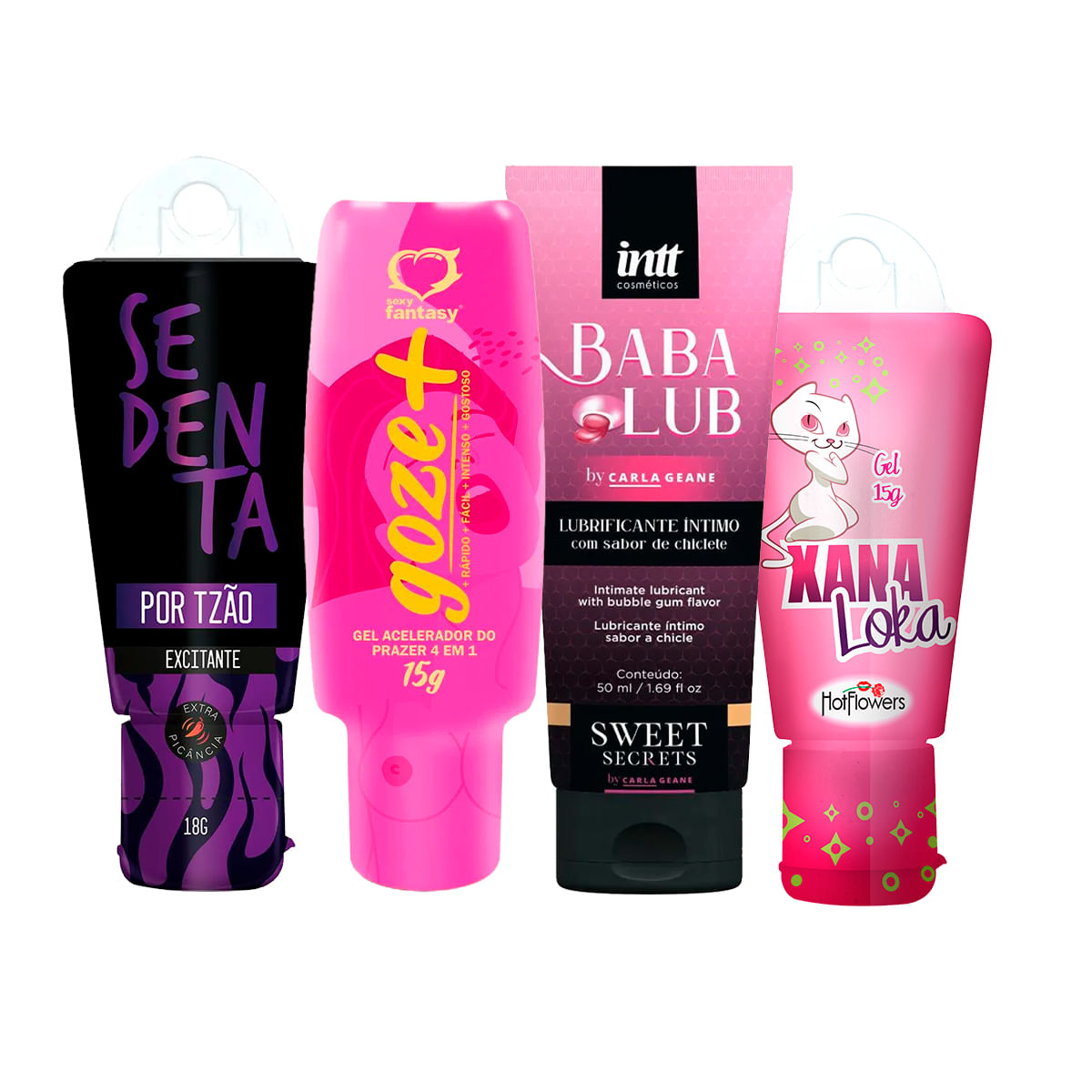 Kit com Sedenta por Tesão Goze + Gel Acelerador do Prazer Babalub Lubrificante Beijável e Xana Loka
