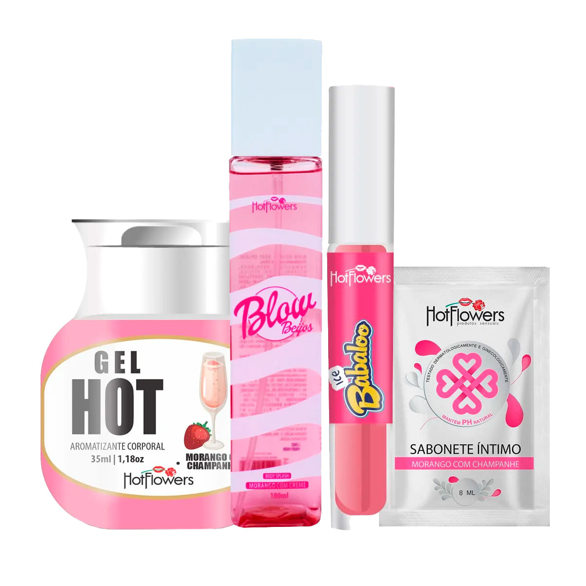 Kit com Blow Girl Beijos Body Splash Gloss Labial Babaloo Gel Hot Aromatizante e Sabonete Íntimo