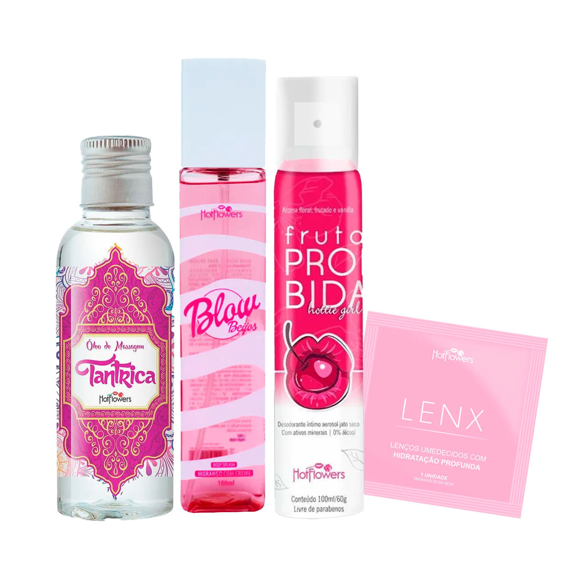 Kit com Blow Girl Beijos Perfume Tântrica Óleo para Massagem Desodorante Íntimo e Lenços Umedecidos
