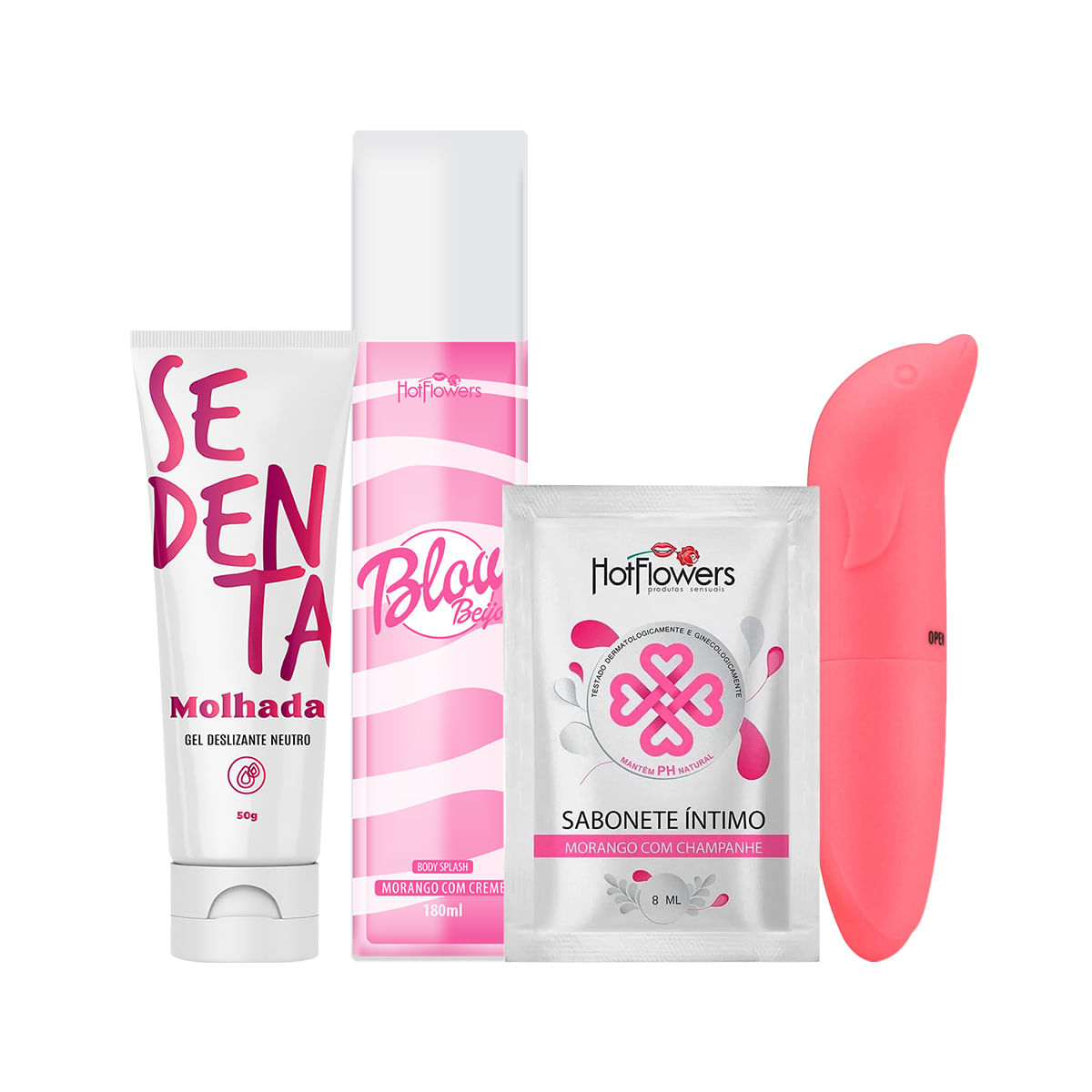 Kit com Sedenta Molhada Blow Girl Beijos Body Splash Vibrador Ponto G Aveludado e Sabonete Íntimo