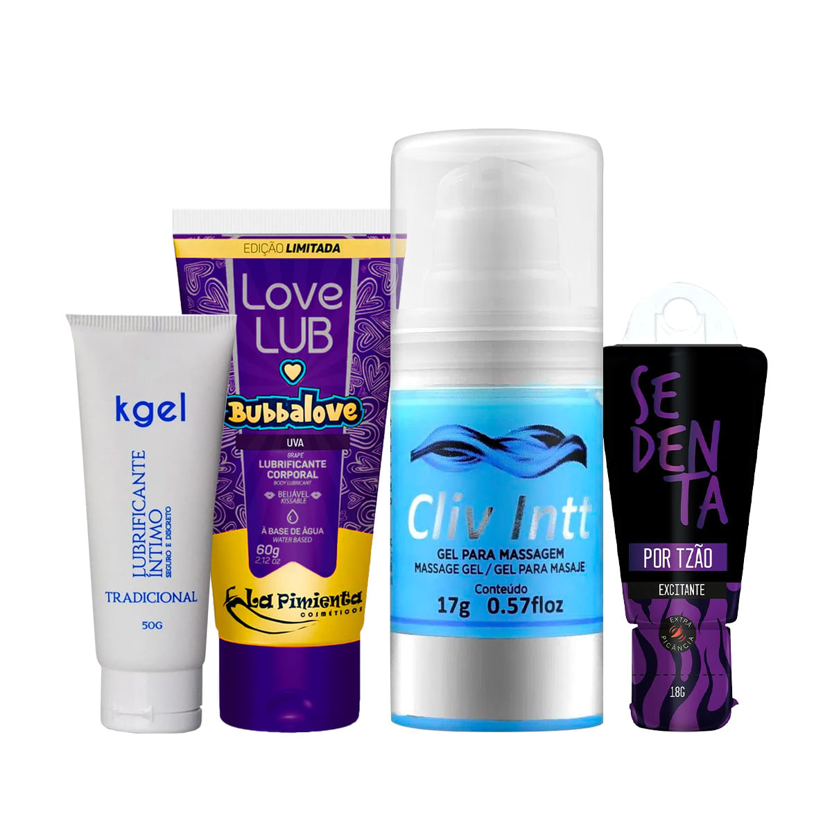 Kit com Sedenta por Tesão Dessensibilizante Cliv Intt Love Lub Bubbalove e KGEL Lubrificante Íntimo