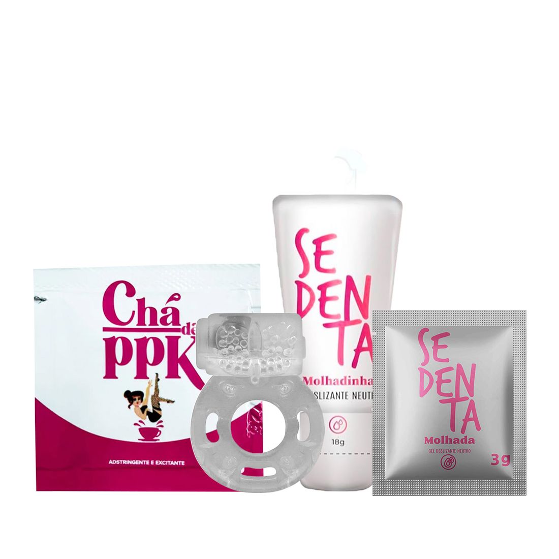 Kit com Sedenta Molhadinha Anel Peniano Gel Adstrigente Chá de PPK e Sachê Sedenta Molhada