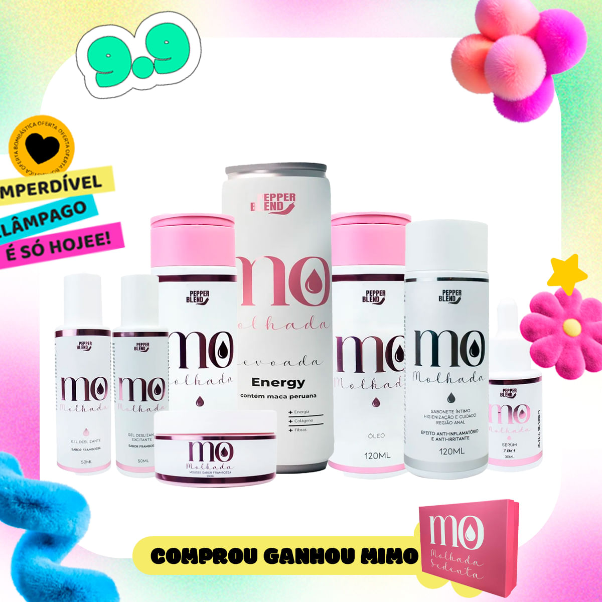 Kit Linha MO com Lubrificantes Sabonetes Íntimos Energético Revoada Mousse Óleo e Serum Hidratantes