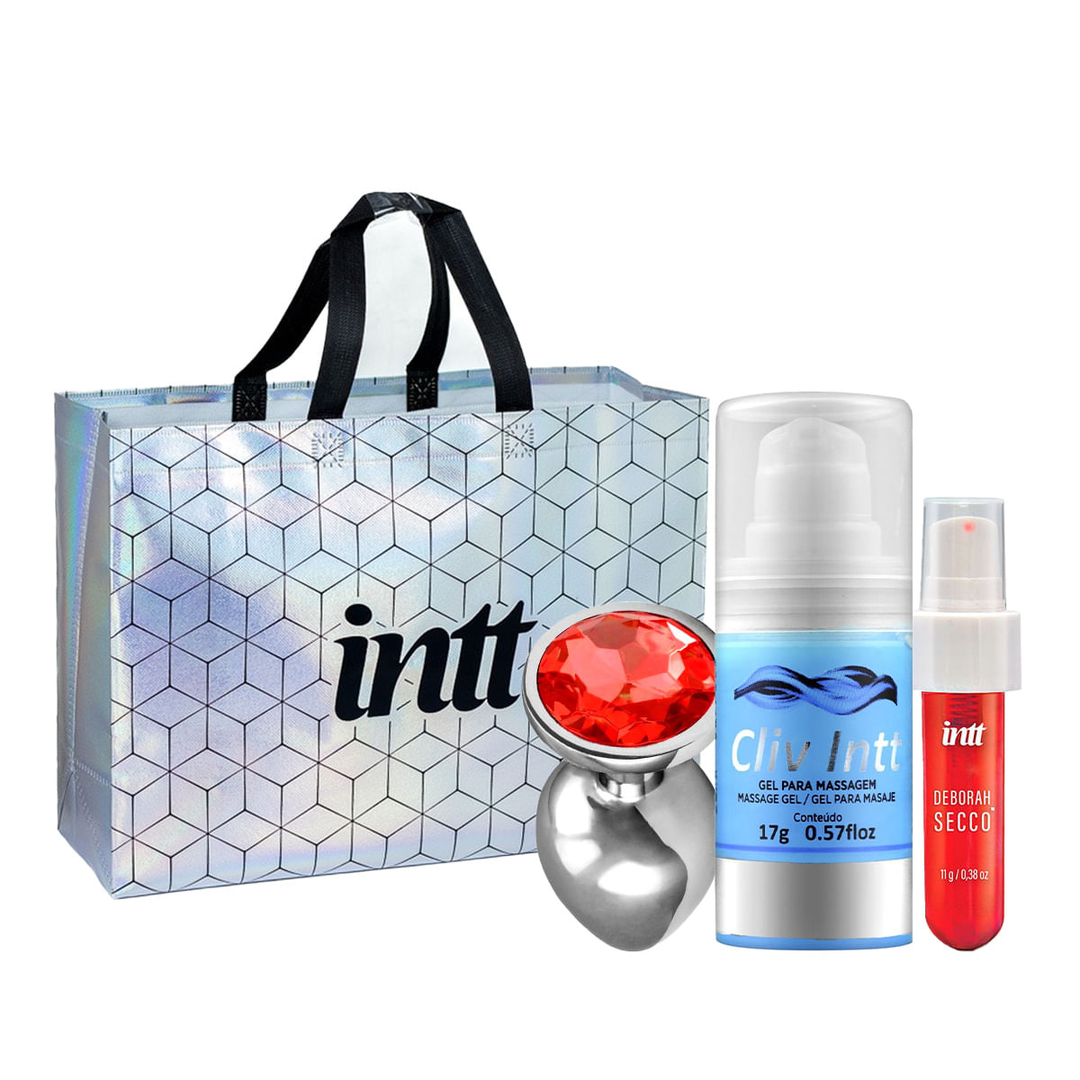 Kit com Calda Beijável Deborah Secco Cliv Intt Plug Anal Tamnho M e Sacola Metalizada Intt