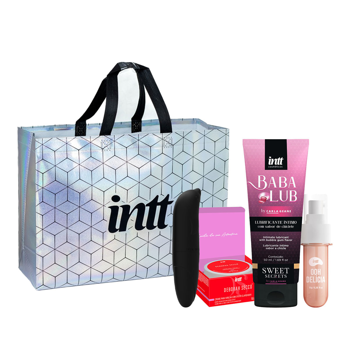 Kit com Creme Clareador Íntimo Deborah Secco OOH Delícia Babalub Vibrador e Sacola Metalizada Intt