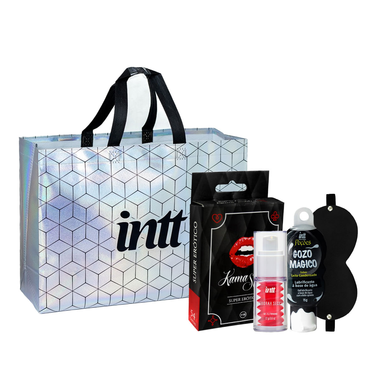 Kit com Gel Clitoriano Deborah Secco Venda Gozo Mágico Baralho Kama Sutra e Sacola Metalizada Intt