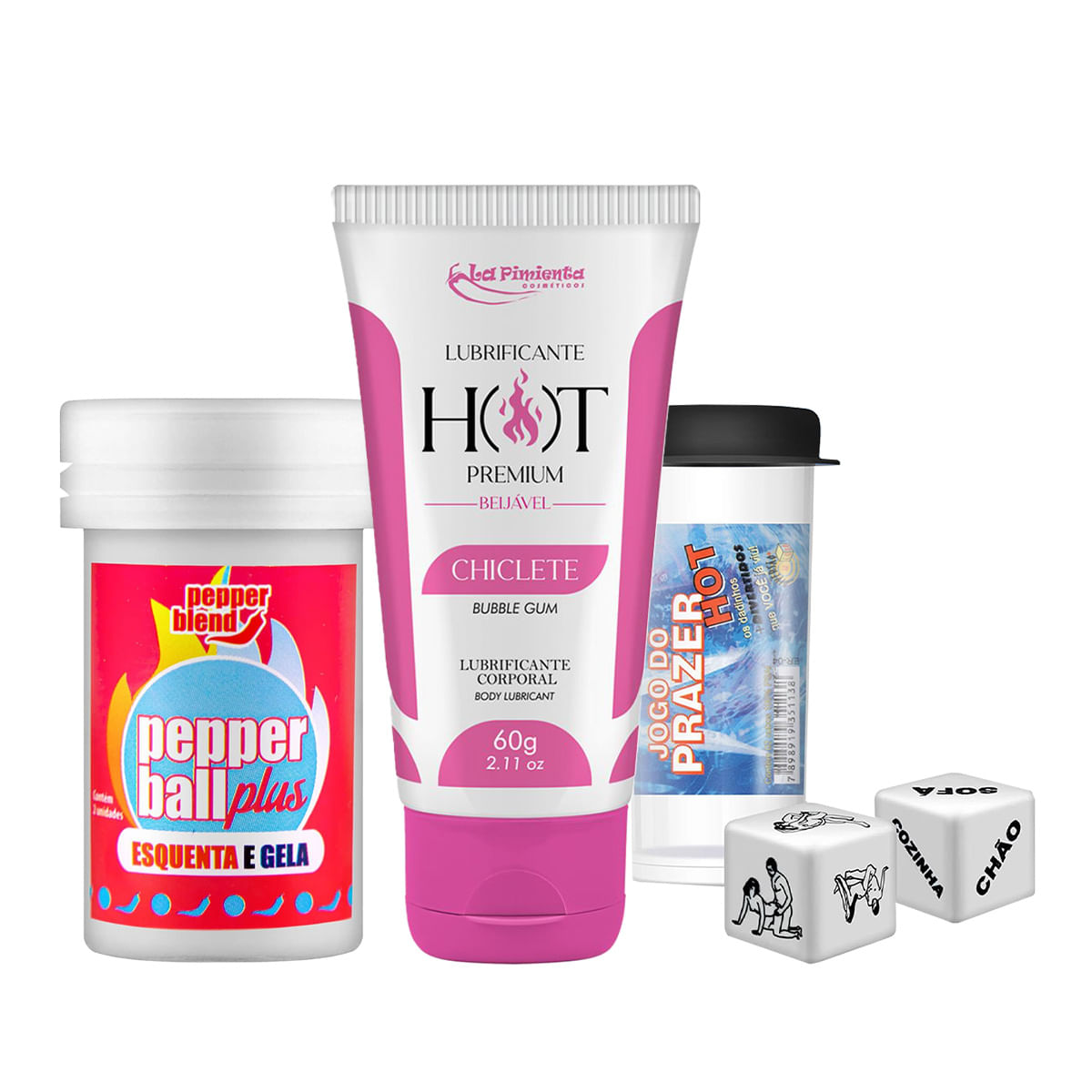Kit com Pepper Ball Plus Dados Eróticos Jogo do Prazer Hot e Lubrificante Hot Premium