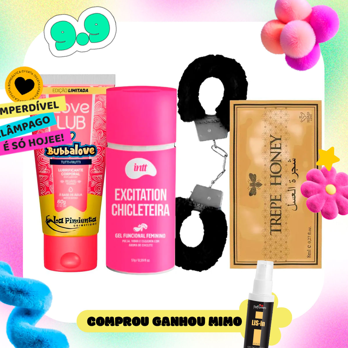Kit com Excitation Chicleteira MyCuff Algema Love Lub Bubbalove e Trepe Honey