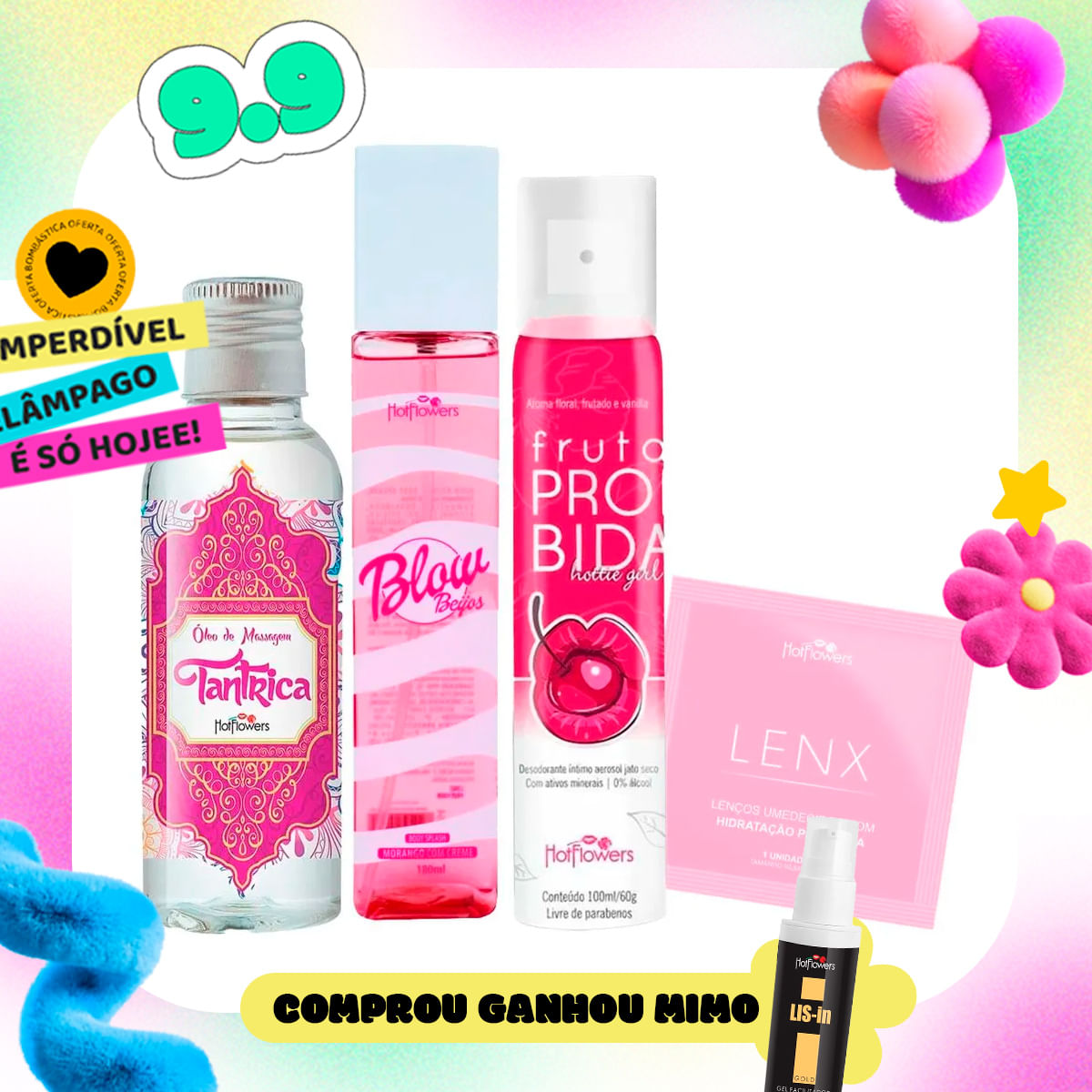 Kit com Blow Girl Beijos Perfume Tântrica Óleo para Massagem Desodorante Íntimo e Lenços Umedecidos