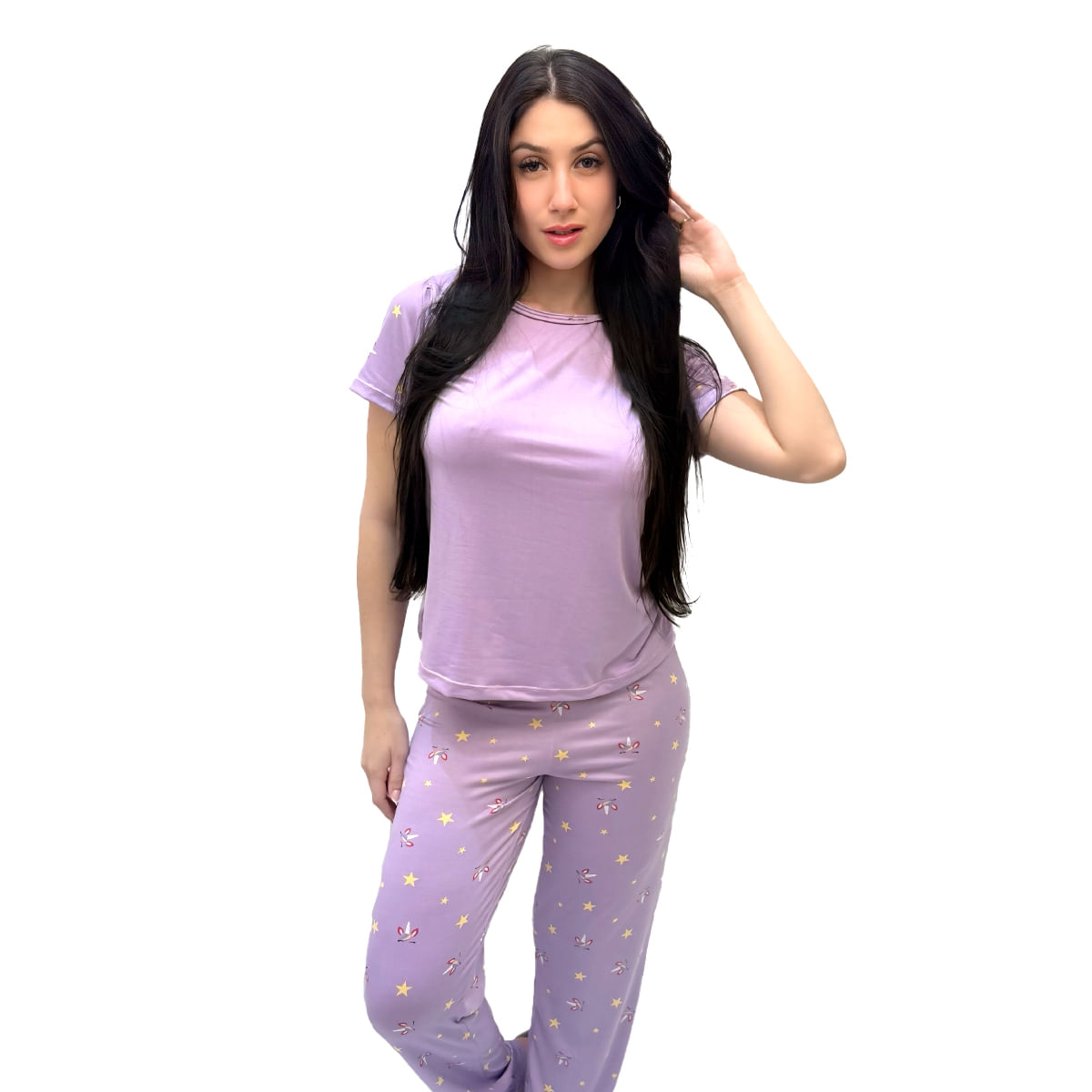 Pijama Suede com Camisa Lisa e Calça Estampada Hot Love Pijama Suede com Camisa Lisa e Calça Estampada Hot Love