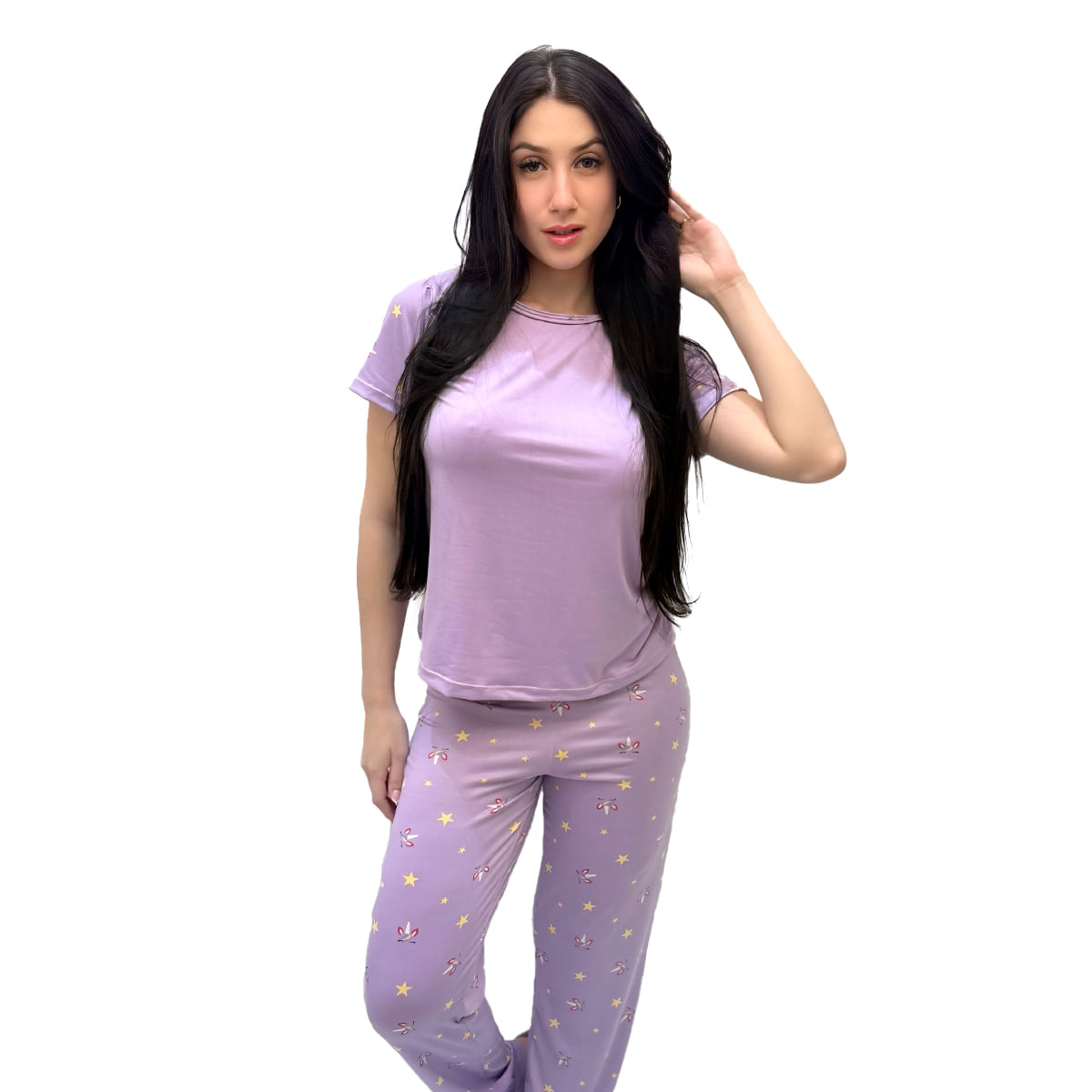 Pijama Suede com Camisa Lisa e Calça Estampada Hot Love