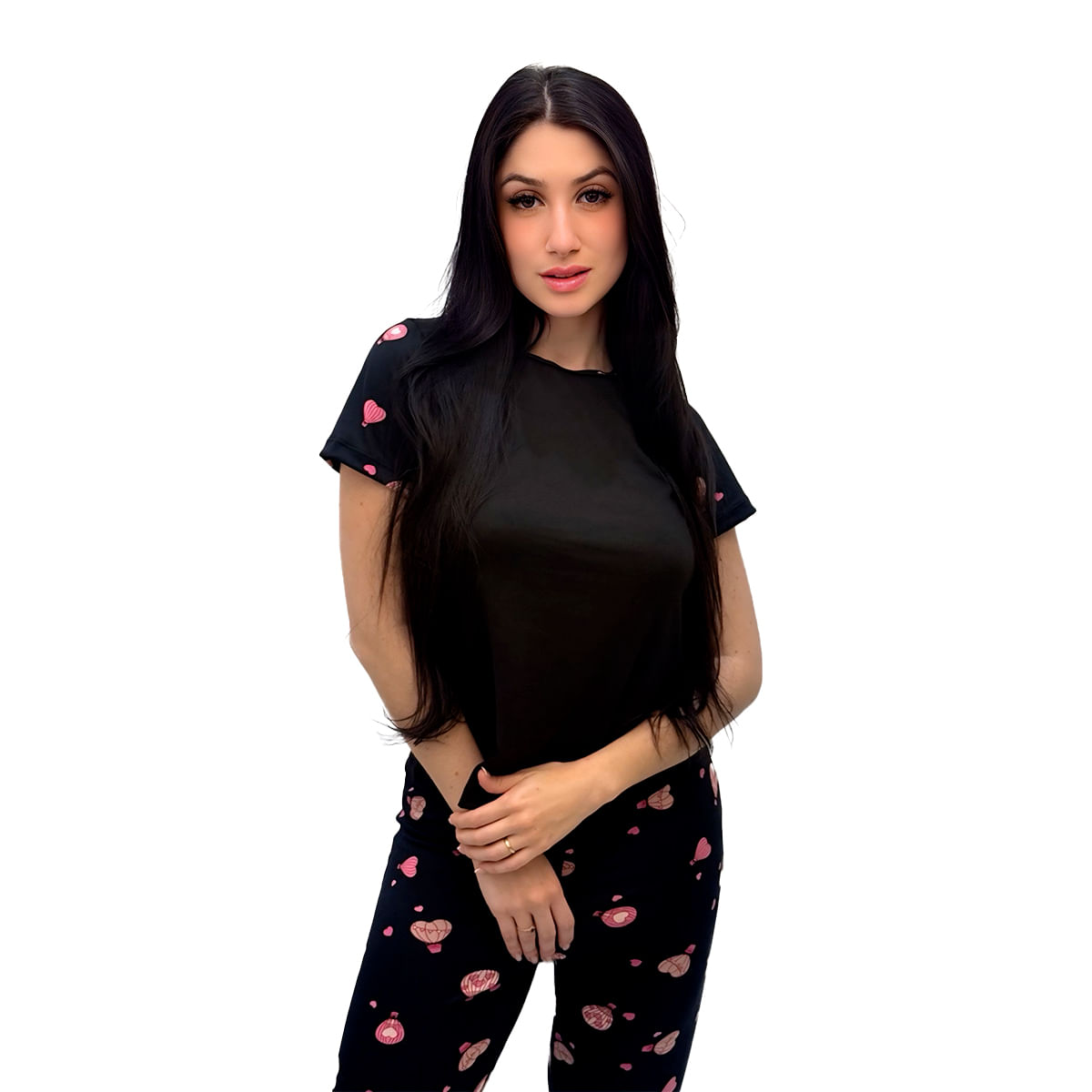 Pijama Suede com Camisa Lisa e Calça Estampada Hot Love