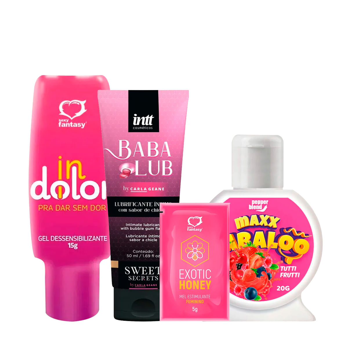 Kit com InDolor Gel Dessensibilizante Babalub Lubrificante Beijável Maxx Babaloo e Exotic Honey