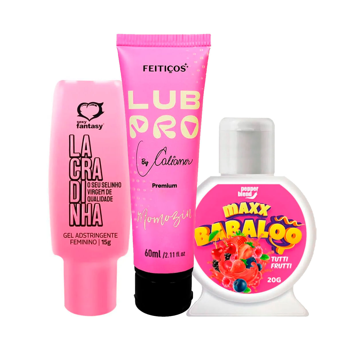 Kit com LubPro Momozin Lubrificante Lacradinha Gel Adstringente e Maxx Babaloo Gel Comestível