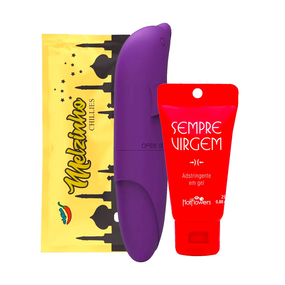 Kit com Vibrador Ponto G em Formato de Golfinho Gel Adstringente Sempre Virgem e Melzinho Árabe