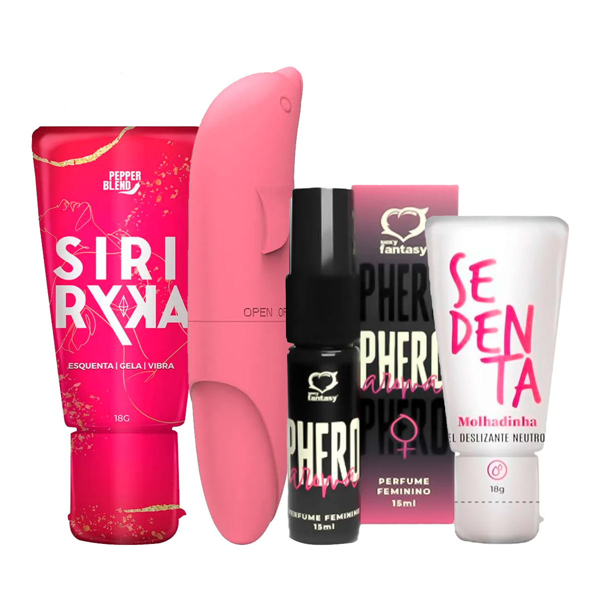 Kit com Siri Ryka Gel Comestível Vibrador Ponto G Perfume Phero Aroma Feminino e Sedenta Molhadinha