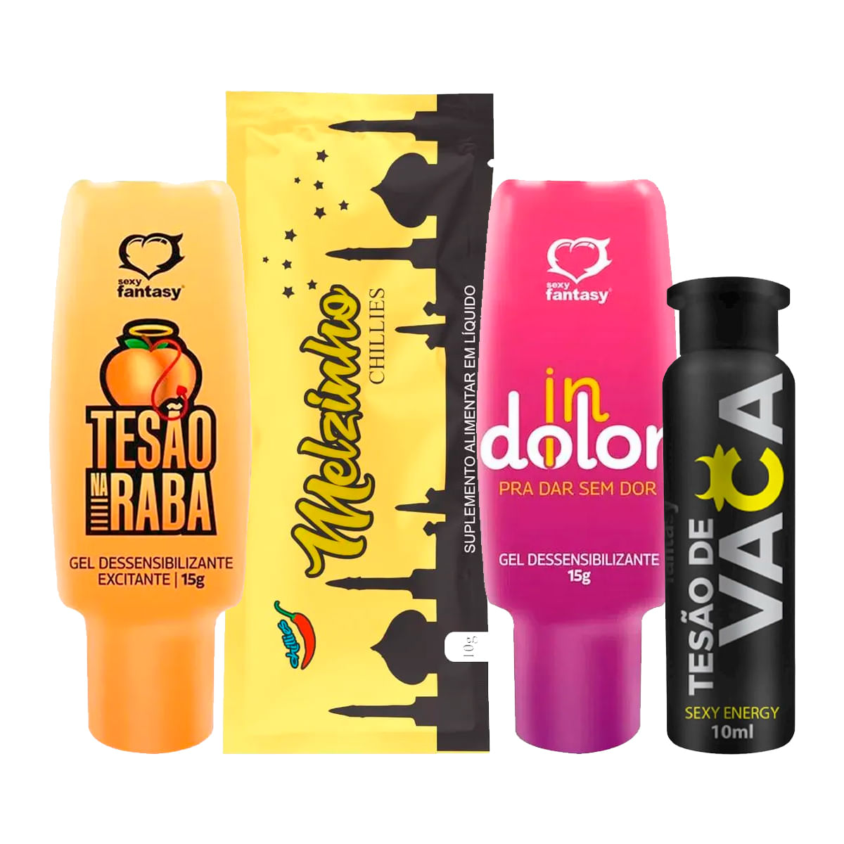 Kit com Melzinho Árabe do Prazer InDolor Gel DessensibilizanteTesão na Raba e Tesão de Vaca