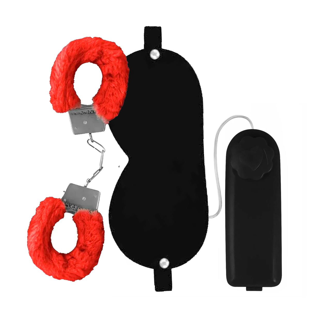 Kit com Venda em Couro Bullet Vibro Ó e MyCuff Algema de Metal Revestida de Pelúcia