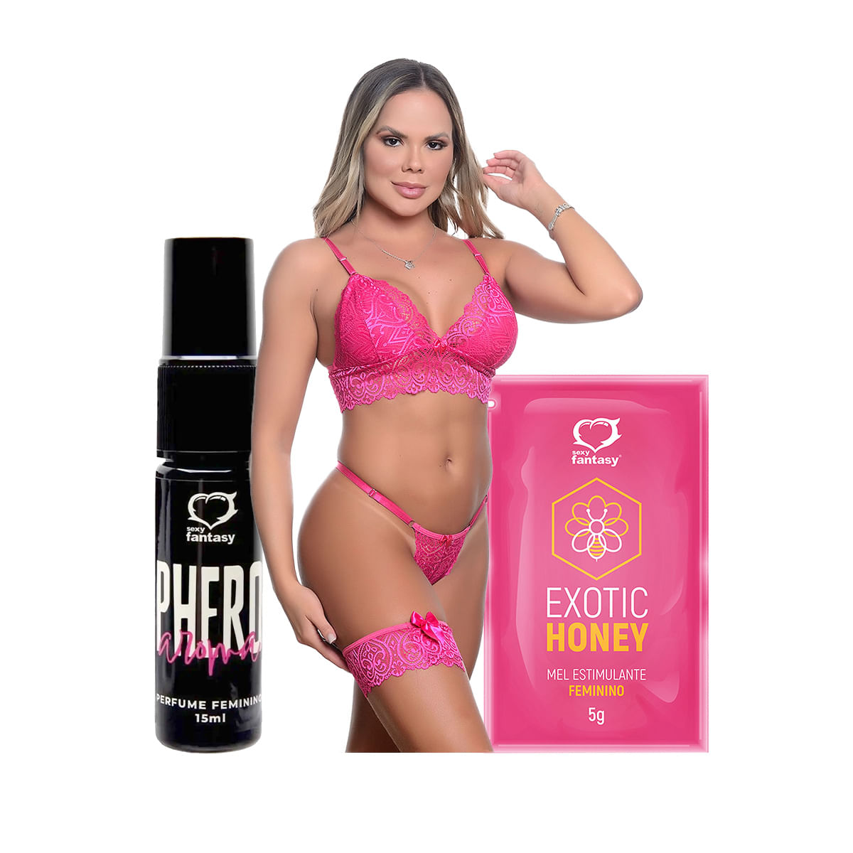 Kit Preliminares com Conjunto Rendado sem Bojo Perfume Phero Aroma Feminino e Exotic Honey