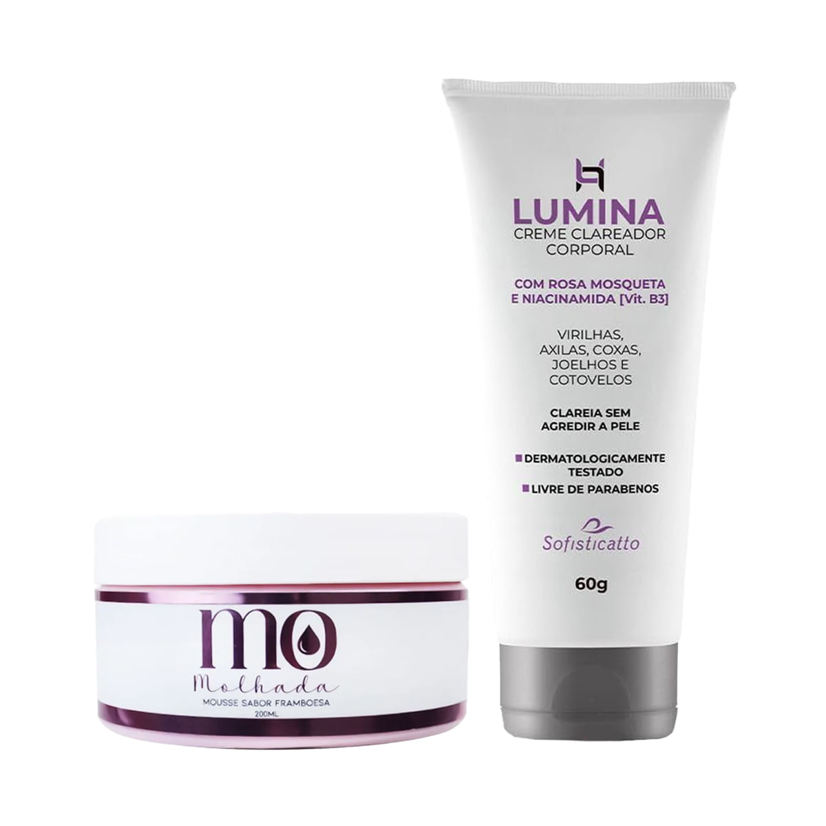 Duplinha com Lumina Creme Clareador Corporal e Mousse Hidratante para a Região Íntima MO Molhada