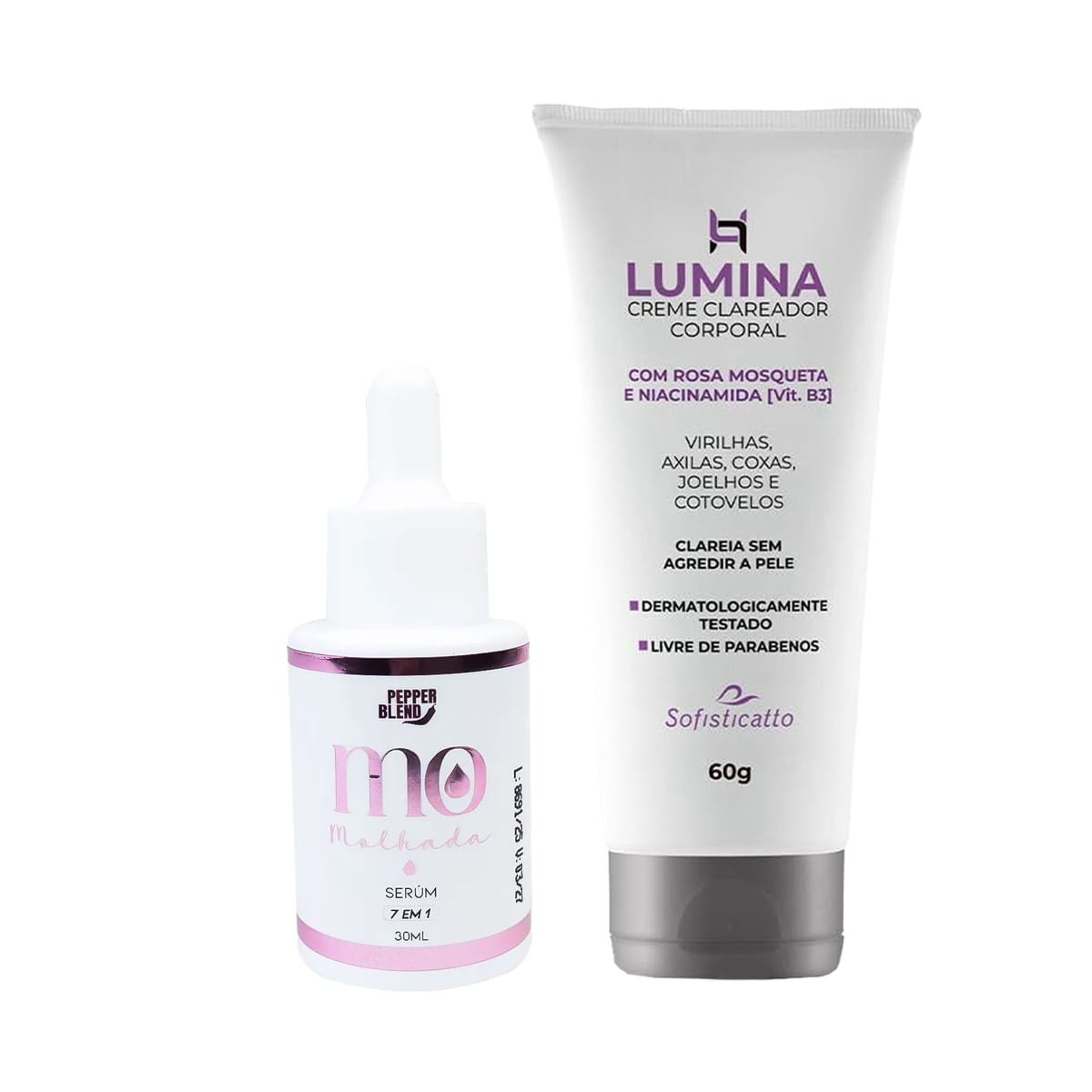 Duplinha com Lumina Creme Clareador Corporal e Sérum Íntimo Hidratante 7 em 1 MO Molhada
