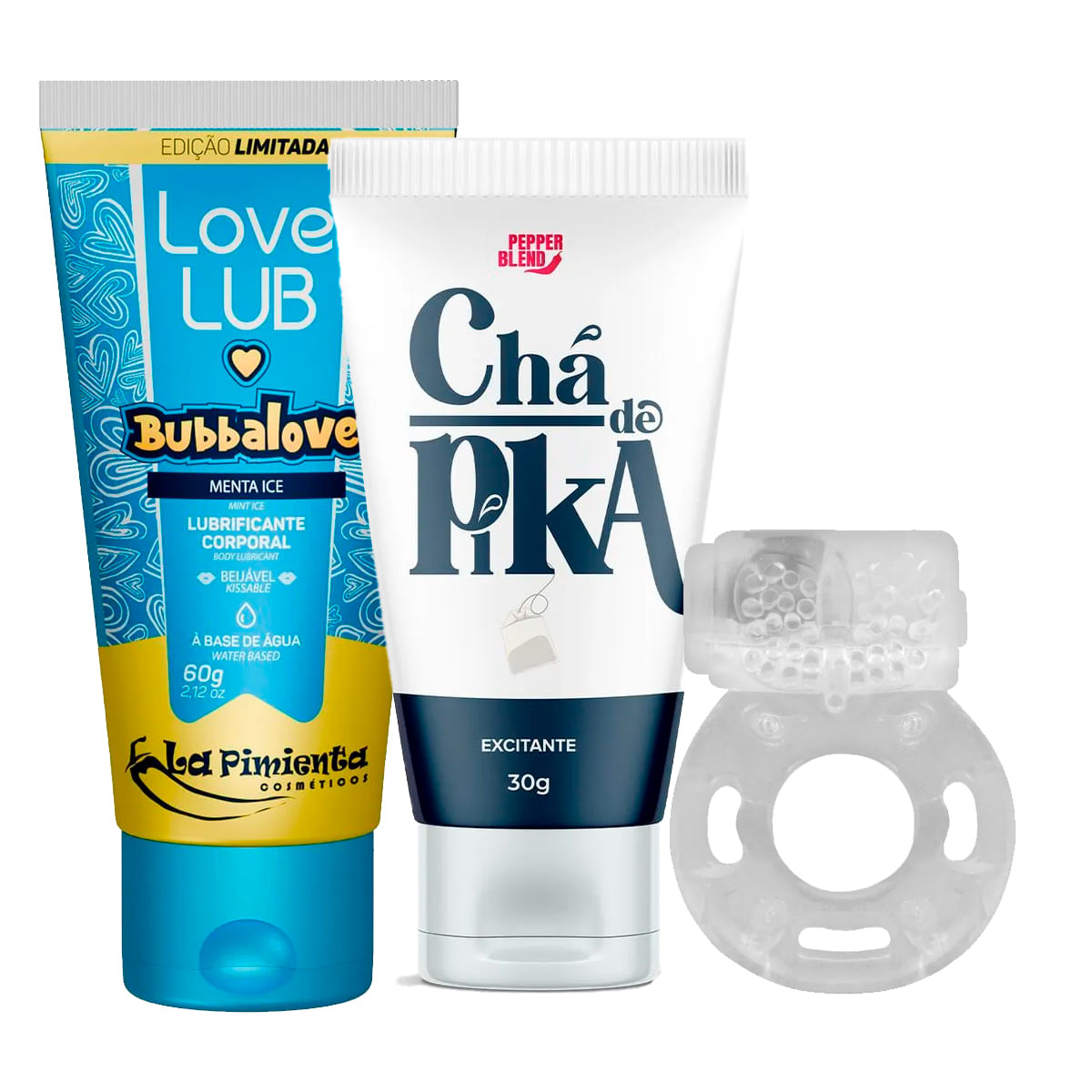 Kit com Chá de PPK Gel Adstrigente Anel Peniano com Vibrador e Love Lub Bubbalove Ice
