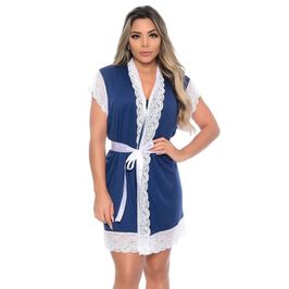 Robe M Manga Curta Azul Marinho em Microdry com Detalhes Rendados Hot Love