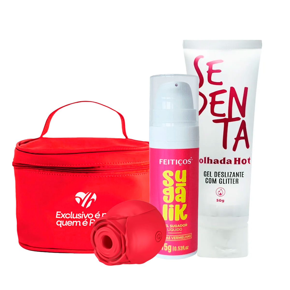 Kit com Frasqueira Miess Prime Sugalik Sugador Líquido Rosa Estimuladora e Sedenta Molhada
