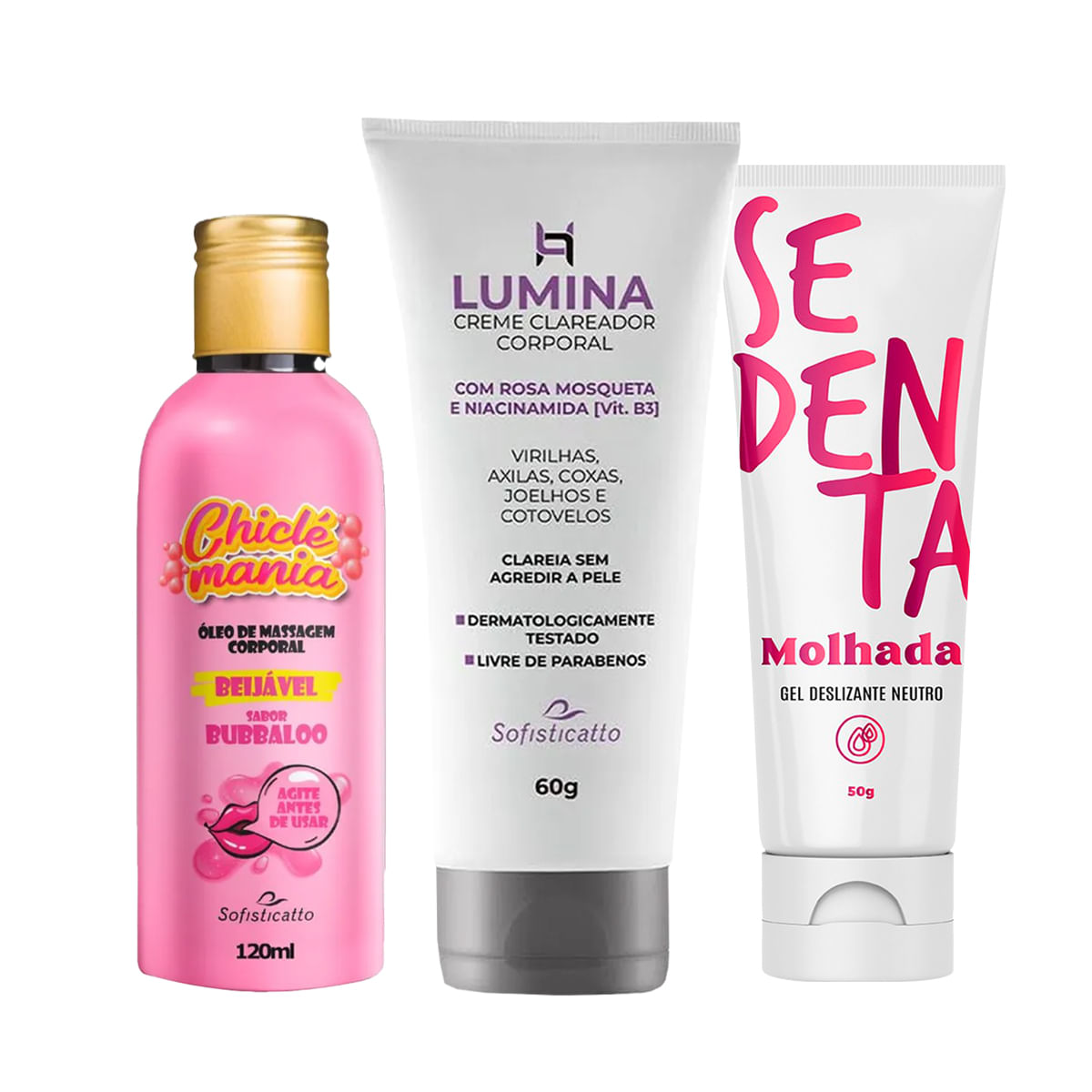Kit com Chiclé Mania Óleo de Massagem Corporal Lumina Creme Clareador Corporal e Sedenta Molhada