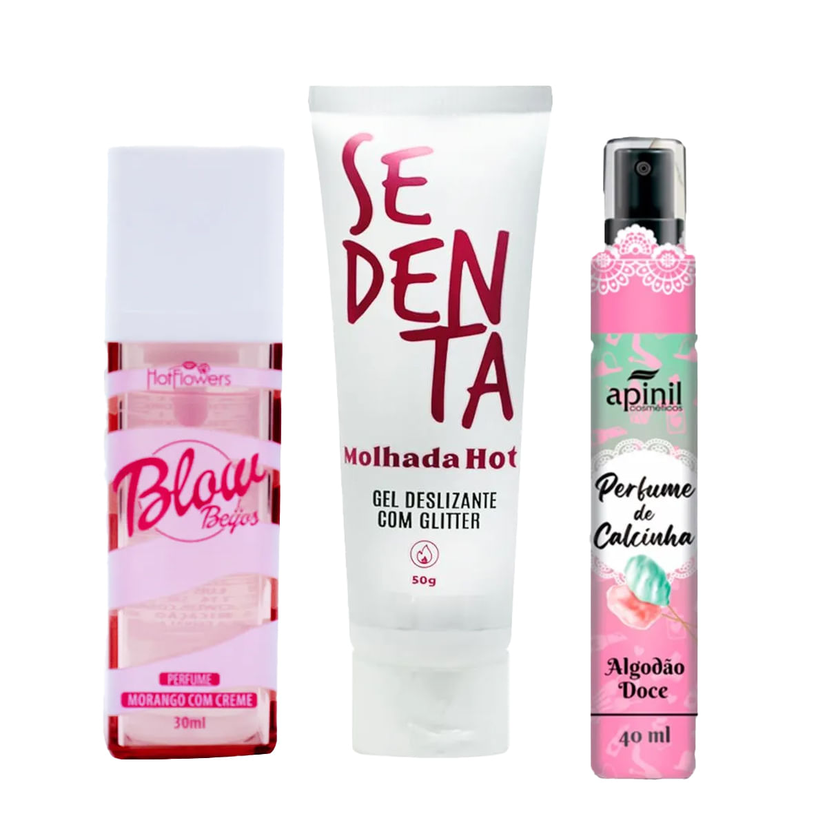 Kit com Sedenta Molhada Gel Deslizante Perfume Blow Girl Beijos e Perfume de Calcinha Aromático