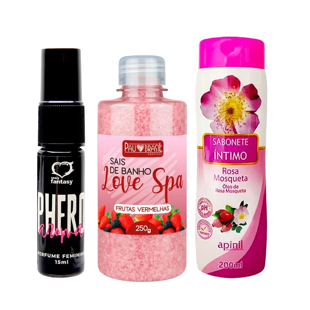 Kit com Perfume Phero Aroma Feminino Sais de Banho e Sabonete Feminino Rosa Mosqueta