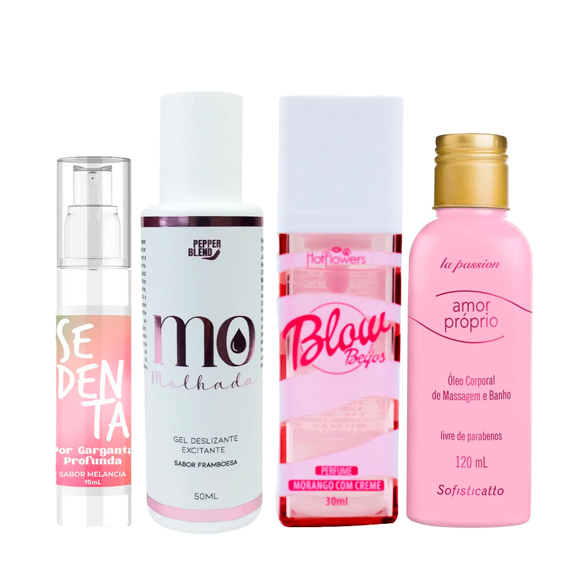 Kit com Lubrificante MO Molhada Amor Próprio Perfume Blow Girl Beijos e Sedenta Garganta Profunda