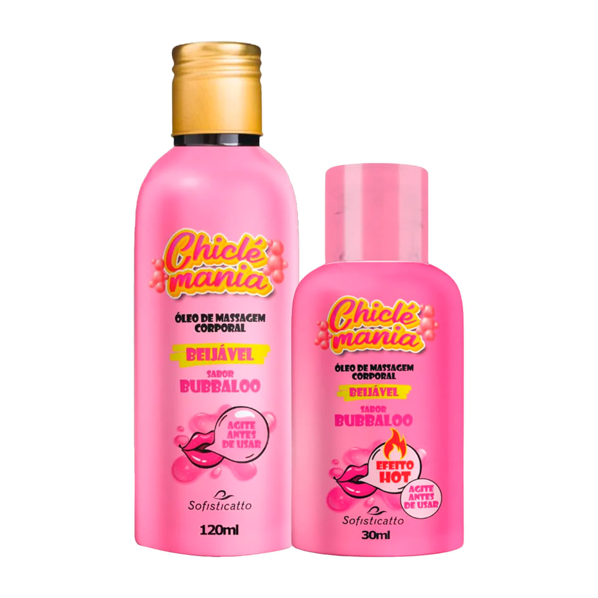 Duplinha com Chiclé Mania Óleo de Massagem Corporal Beijável e Chiclé Mania Óleo de Massagem Hot