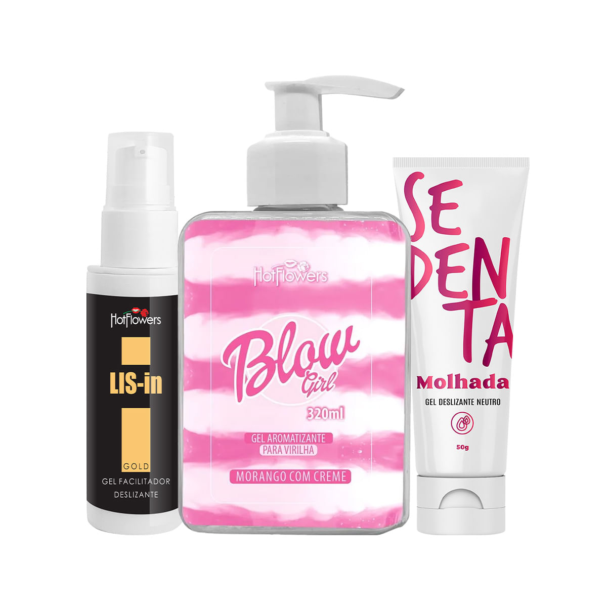 Kit com Blow Girl Gel Beijável Dessensibilizante Anal LIS-In e Sedenta Molhada Gel Deslizante Neutro